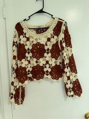 Crochet Top Womens Large Boho 70s Hippie Floral Granny Square Festival Lagenlook